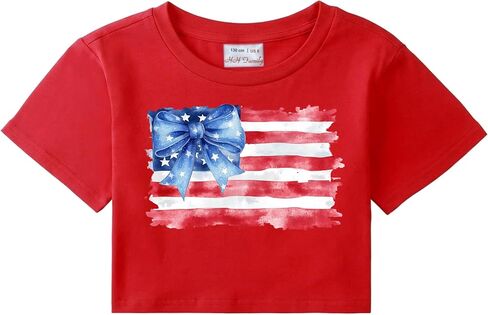 4th of July Shirts for Girls Patriotic Crop Top USA Flag Letters Short Sleeve Tops in Kuwait