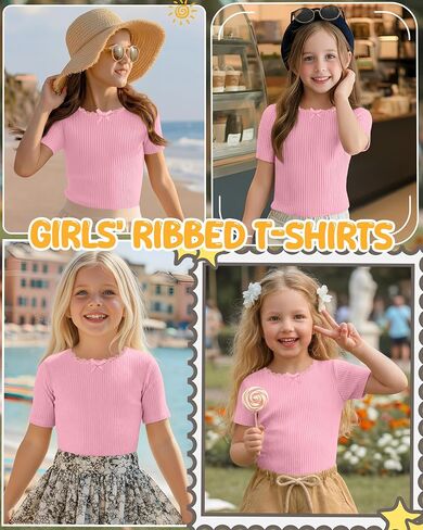 Xaatren Girls Shirts Kids Summer Short Sleeve Ribbed Knit Bow Lace Tops Teen Slim Fit Casual Crewneck Basic Tees 5-14 Years in Saudi Arabia