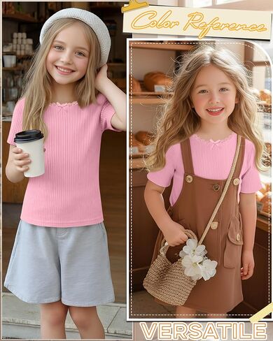 Xaatren Girls Shirts Kids Summer Short Sleeve Ribbed Knit Bow Lace Tops Teen Slim Fit Casual Crewneck Basic Tees 5-14 Years in Saudi Arabia