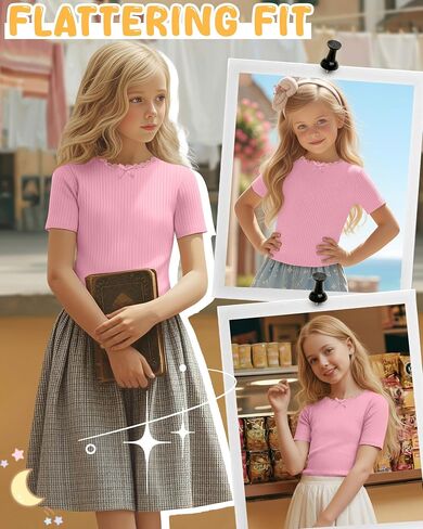 Xaatren Girls Shirts Kids Summer Short Sleeve Ribbed Knit Bow Lace Tops Teen Slim Fit Casual Crewneck Basic Tees 5-14 Years in Saudi Arabia