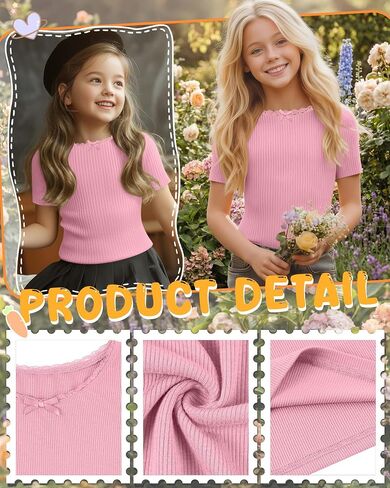 Xaatren Girls Shirts Kids Summer Short Sleeve Ribbed Knit Bow Lace Tops Teen Slim Fit Casual Crewneck Basic Tees 5-14 Years in Saudi Arabia