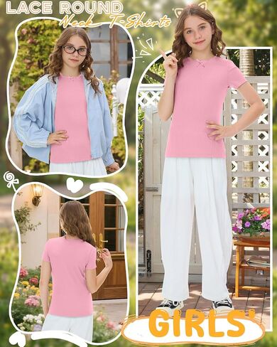 Xaatren Girls Shirts Kids Summer Short Sleeve Ribbed Knit Bow Lace Tops Teen Slim Fit Casual Crewneck Basic Tees 5-14 Years in Saudi Arabia