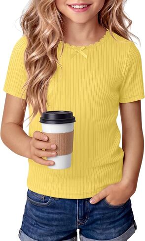 Xaatren Girls Shirts Kids Summer Short Sleeve Ribbed Knit Bow Lace Tops Teen Slim Fit Casual Crewneck Basic Tees 5-14 Years in Saudi Arabia