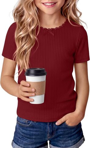 Xaatren Girls Shirts Kids Summer Short Sleeve Ribbed Knit Bow Lace Tops Teen Slim Fit Casual Crewneck Basic Tees 5-14 Years in Saudi Arabia