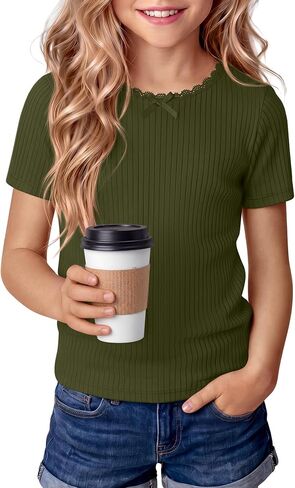 Xaatren Girls Shirts Kids Summer Short Sleeve Ribbed Knit Bow Lace Tops Teen Slim Fit Casual Crewneck Basic Tees 5-14 Years in Saudi Arabia