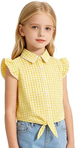 Western Cowgirls Outfit Girls Sleeveless Ruffle Trim Button Down Plaid Shirt Tie Front Blouse Tops in Kuwait