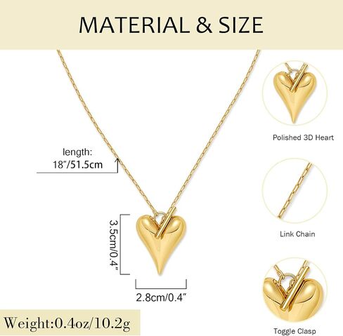 YUJIE Chunky Gold Heart Necklace for Women, 3D Polished Puffy Heart Pendant Paperclip Link Chain Toggle Clasp Statement Jewelry in Kuwait