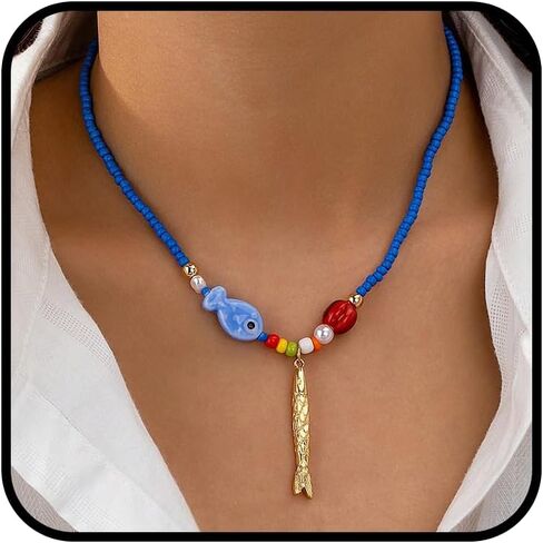 Bead Necklace For Women, Gold Fish Pendant With Colorful Beaded Chain Beach Starfish Charm Bohemian Statement Jewelry Gift in Kuwait