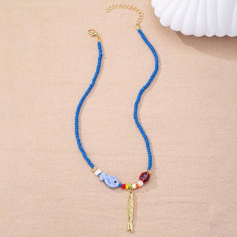 Bead Necklace For Women, Gold Fish Pendant With Colorful Beaded Chain Beach Starfish Charm Bohemian Statement Jewelry Gift in Kuwait