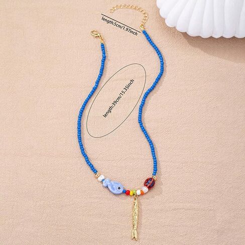 Bead Necklace For Women, Gold Fish Pendant With Colorful Beaded Chain Beach Starfish Charm Bohemian Statement Jewelry Gift in Kuwait