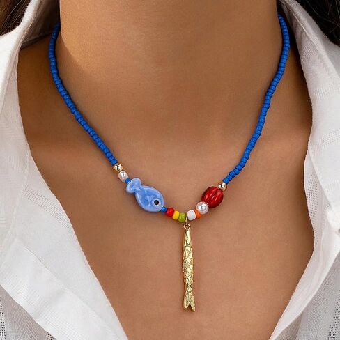 Bead Necklace For Women, Gold Fish Pendant With Colorful Beaded Chain Beach Starfish Charm Bohemian Statement Jewelry Gift in Kuwait