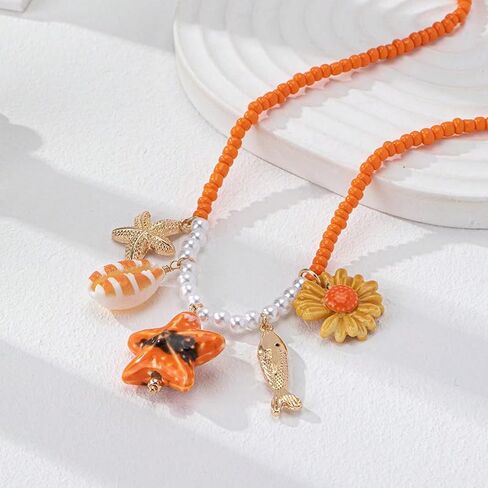 Bead Necklace For Women, Gold Fish Pendant With Colorful Beaded Chain Beach Starfish Charm Bohemian Statement Jewelry Gift in Kuwait