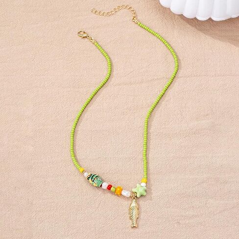 Bead Necklace For Women, Gold Fish Pendant With Colorful Beaded Chain Beach Starfish Charm Bohemian Statement Jewelry Gift in Kuwait