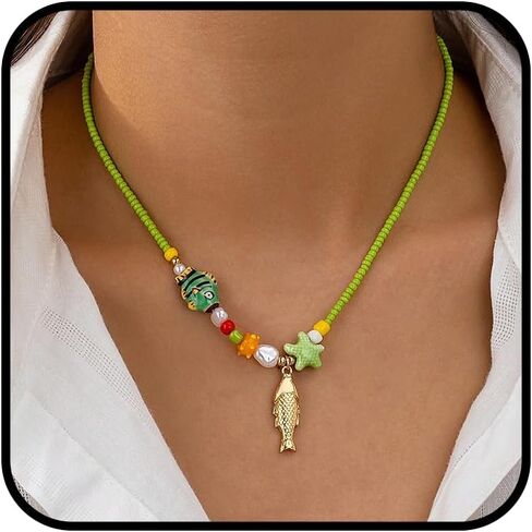Bead Necklace For Women, Gold Fish Pendant With Colorful Beaded Chain Beach Starfish Charm Bohemian Statement Jewelry Gift in Kuwait