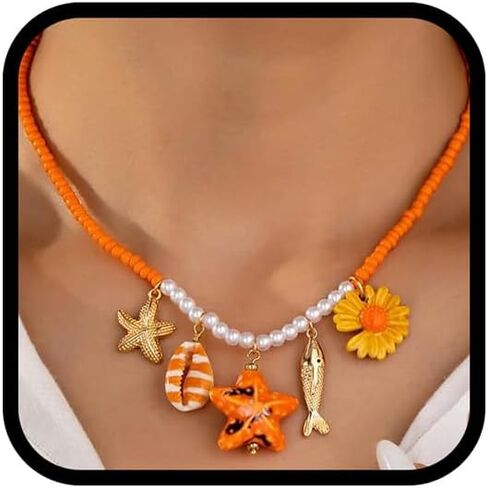 Bead Necklace For Women, Gold Fish Pendant With Colorful Beaded Chain Beach Starfish Charm Bohemian Statement Jewelry Gift in Kuwait