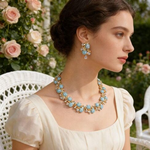 Women's Jewelry Set,2-Piece Necklace and Earring Set with Adjustable Chain and Beaded Design in Blue in Kuwait