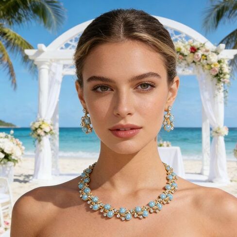 Women's Jewelry Set,2-Piece Necklace and Earring Set with Adjustable Chain and Beaded Design in Blue in Kuwait
