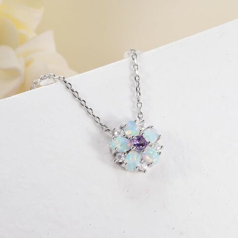 CiNily Necklace for Women Dainty Opal Necklace 14K White Gold | Rose Gold | Gold Plated Unique Flower Shape Chain Necklaces Cubic Zircon Pendant Necklaces Opal Jewelry, 17" with 2 Inch Extension in Kuwait