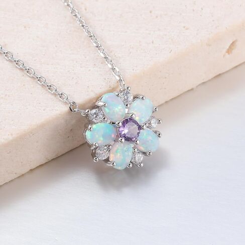 CiNily Necklace for Women Dainty Opal Necklace 14K White Gold | Rose Gold | Gold Plated Unique Flower Shape Chain Necklaces Cubic Zircon Pendant Necklaces Opal Jewelry, 17" with 2 Inch Extension in Kuwait