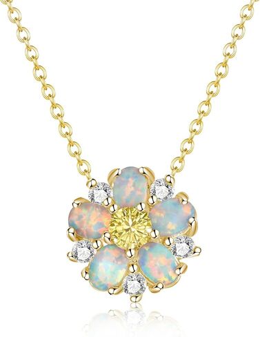CiNily Necklace for Women Dainty Opal Necklace 14K White Gold | Rose Gold | Gold Plated Unique Flower Shape Chain Necklaces Cubic Zircon Pendant Necklaces Opal Jewelry, 17" with 2 Inch Extension in Kuwait