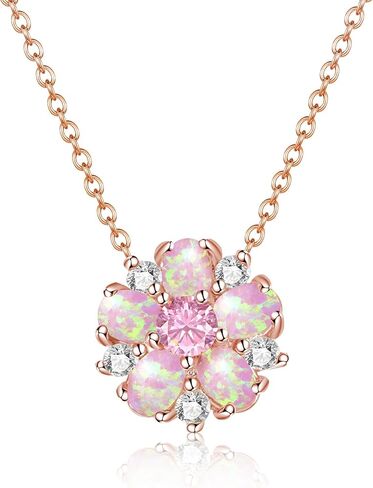 CiNily Necklace for Women Dainty Opal Necklace 14K White Gold | Rose Gold | Gold Plated Unique Flower Shape Chain Necklaces Cubic Zircon Pendant Necklaces Opal Jewelry, 17" with 2 Inch Extension in Kuwait
