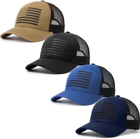 Hercicy 4 PCS American Flag Trucker Hat, USA Hat for Men Woman Adjustable Breathable Mesh Golf Cap Side Durable in Kuwait