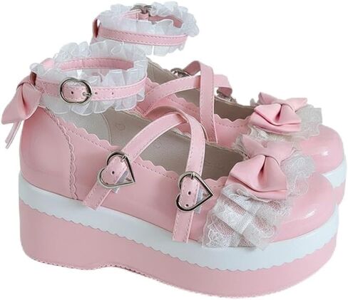 Women's Sweet Lolita Platform Chunky Heel Mary Jane Shoes – Cute Bowknot & Lace Trim Ankle Strap Flats with Thick Sole in Saudi Arabia