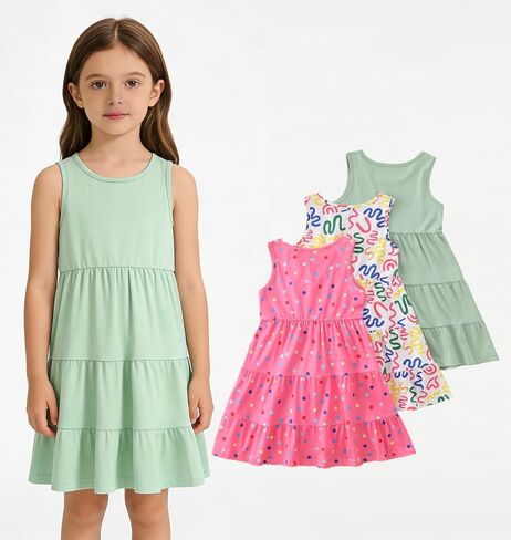 Girl Summer Dress 3 Packs Sleeveless Colorful Polka Dots A Line Swing Tiered Cute Sundress in Kuwait