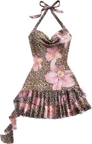 BEAUDRM Girl's Floral Cheetah Halter Mini Dress Y2k Leopard Draped Tie Backless Layered Ruffle A Line Going Out Dresses in Kuwait