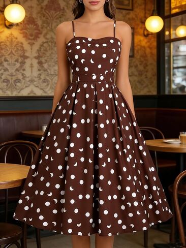 Plus Size Summer Polka Dot Midi Dress, Spaghetti Strap Sweetheart Neck A-Line Dress for Vacation Casual Wear in Kuwait