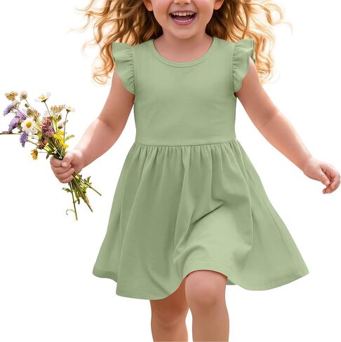 Toddlers Girls Dress Ruffle Sleeve Crew Neck Beach Summer Sundress Kids Casual Cute A Line Swing Dresses 18M-5T in Kuwait