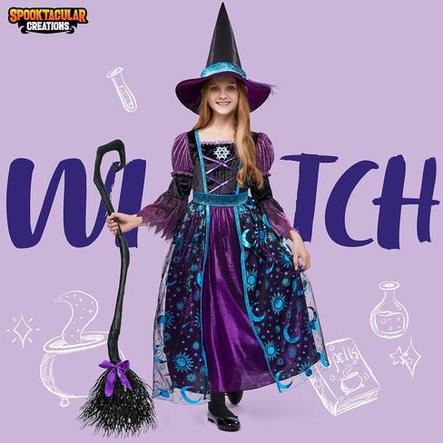 Spooktacular Creations Witch Costume for Girls, Halloween Dress with Broom, Kids Moon Shimmer Witch Set for Wizard Role Play in Kuwait