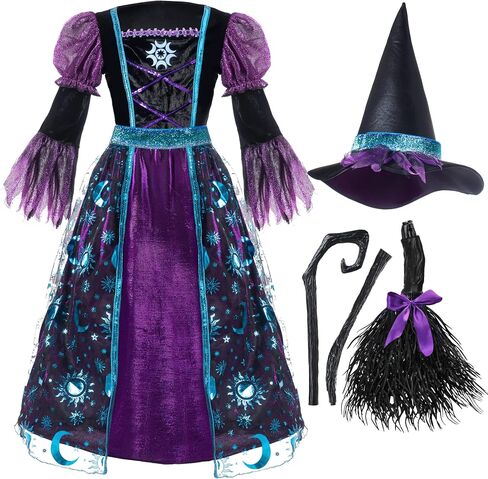 Spooktacular Creations Witch Costume for Girls, Halloween Dress with Broom, Kids Moon Shimmer Witch Set for Wizard Role Play in Kuwait