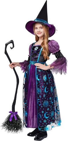 Spooktacular Creations Witch Costume for Girls, Halloween Dress with Broom, Kids Moon Shimmer Witch Set for Wizard Role Play in Kuwait