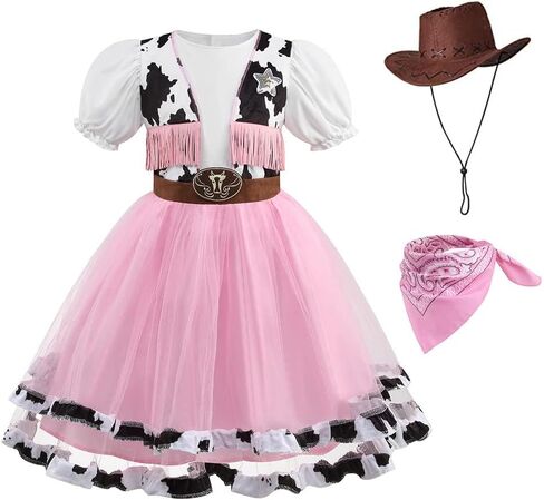 Girls Cowgirl Costume with Hat, Bandanna, Western Outfits 100th Day of School Halloween Birthday Party 3-12 Years in Saudi Arabia