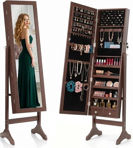 Freestanding Jewelry Armoire Cabinet, 47.3" Full Length Mirror Jewelry Organizer, Lockable Standing Jewelry Storage Cabinet with Velvet Lining, Makeup Organizer with Adjustable Angles (Brown) in Saudi Arabia