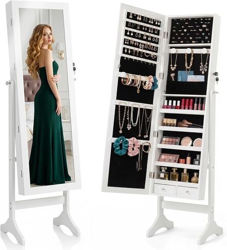 Freestanding Jewelry Armoire Cabinet, 47.3" Full Length Mirror Jewelry Organizer, Lockable Standing Jewelry Storage Cabinet with Velvet Lining, Makeup Organizer with Adjustable Angles (Brown) in Saudi Arabia