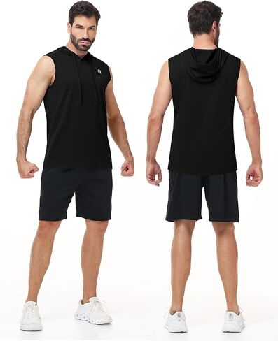 Runhit Men's Workout Hooded Tank Top Sleeveless Cotton Gym Hoodie Bodybuilding Muscle Cut Off T Shirt for Running Athletic in Kuwait