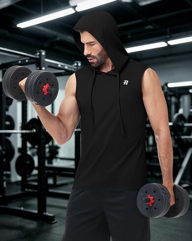Runhit Men's Workout Hooded Tank Top Sleeveless Cotton Gym Hoodie Bodybuilding Muscle Cut Off T Shirt for Running Athletic in Kuwait