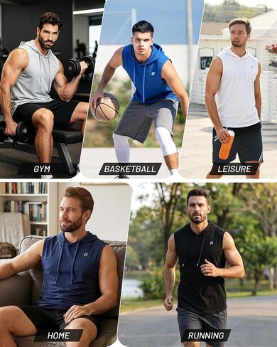 Runhit Men's Workout Hooded Tank Top Sleeveless Cotton Gym Hoodie Bodybuilding Muscle Cut Off T Shirt for Running Athletic in Kuwait
