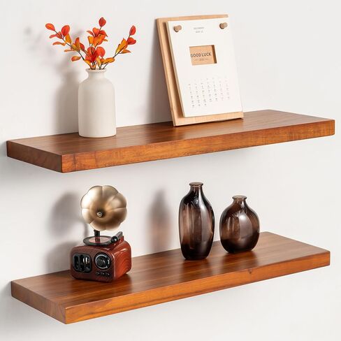 24 Inch Teak Floating Shelves Set of 2 - Solid Natural Wood Wall Mounted Shelves with Invisible Brackets - Heavy Duty Waterproof Storage for Bathroom, Kitchen, Living Room & Outdoor in Saudi Arabia