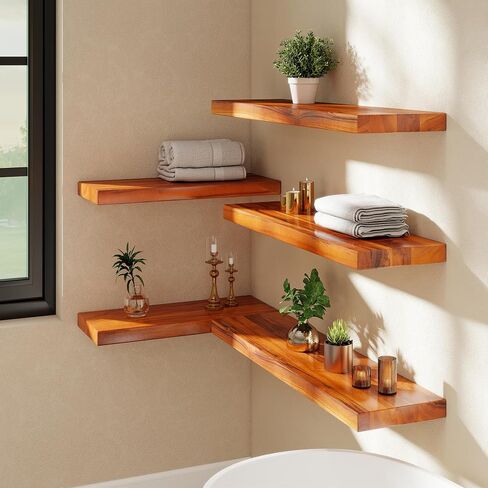 24 Inch Teak Floating Shelves Set of 2 - Solid Natural Wood Wall Mounted Shelves with Invisible Brackets - Heavy Duty Waterproof Storage for Bathroom, Kitchen, Living Room & Outdoor in Saudi Arabia