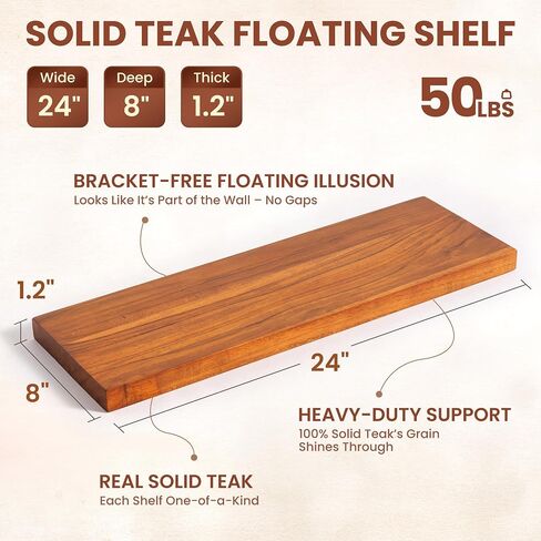 24 Inch Teak Floating Shelves Set of 2 - Solid Natural Wood Wall Mounted Shelves with Invisible Brackets - Heavy Duty Waterproof Storage for Bathroom, Kitchen, Living Room & Outdoor in Saudi Arabia