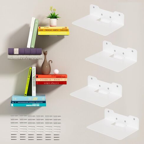 Wall Mounted Floating Book Shelves, Floating Invisible Bookshelf, Heavy-Duty Steel Hidden Bookshelf Hanging Bookshelves for Bedroom Living Room Office, White 4-Pack in Kuwait