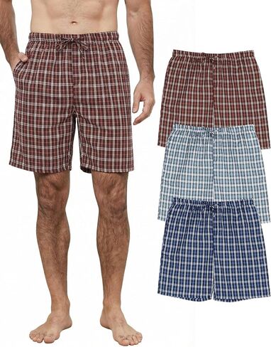 Men's Pajama Shorts 3-Pack Cotton Mens Plaid Sleep Shorts Pajama Lightweight PJ Bottoms with Pockets in Saudi Arabia