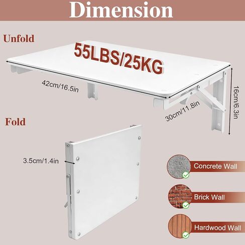 Folding Shelf Wall Mounted for Small Space, White Wall Table for Living Room Bedroom Decor, Home Office Floating Fold Down Desk, Media Shelves with Heavy, 16.5"*11.8" in Saudi Arabia