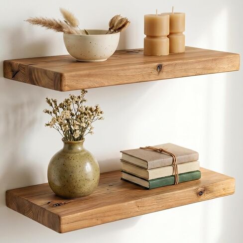 Dreamland Solid Elm Wood Floating Shelves, 18" W x 8" D Floating Shelf Wall Mounted, 8 Inch Deep Wall Shelves - Wooden Bathroom Shelf, Deep Bookshelf for Living Room, Kitchen Wall Shelf, Set of 2 in Saudi Arabia