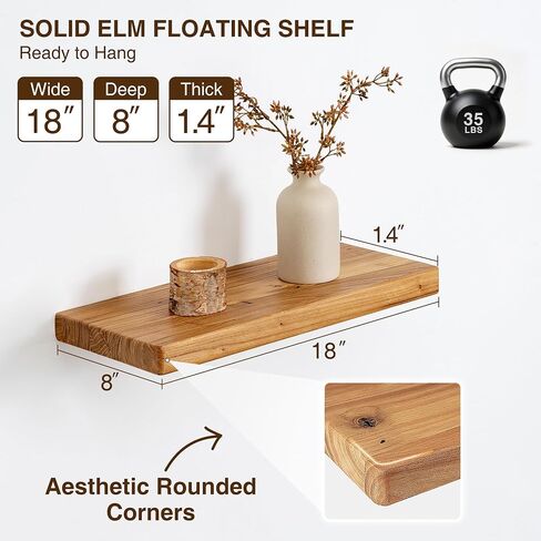Dreamland Solid Elm Wood Floating Shelves, 18" W x 8" D Floating Shelf Wall Mounted, 8 Inch Deep Wall Shelves - Wooden Bathroom Shelf, Deep Bookshelf for Living Room, Kitchen Wall Shelf, Set of 2 in Saudi Arabia