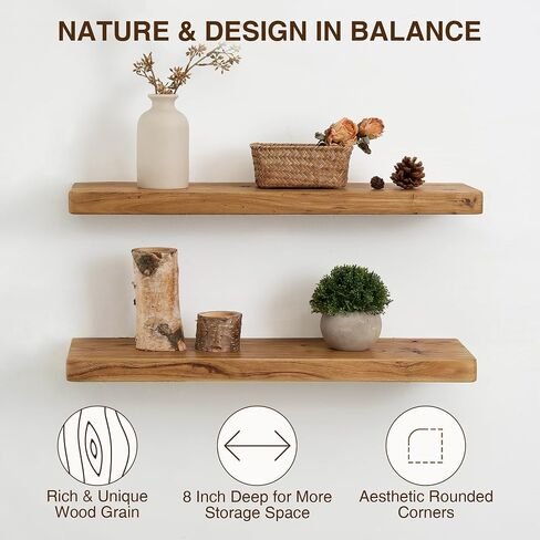 Dreamland Solid Elm Wood Floating Shelves, 18" W x 8" D Floating Shelf Wall Mounted, 8 Inch Deep Wall Shelves - Wooden Bathroom Shelf, Deep Bookshelf for Living Room, Kitchen Wall Shelf, Set of 2 in Saudi Arabia
