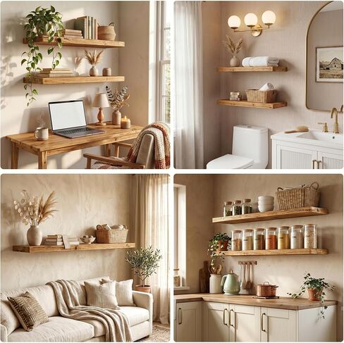 Dreamland Solid Elm Wood Floating Shelves, 18" W x 8" D Floating Shelf Wall Mounted, 8 Inch Deep Wall Shelves - Wooden Bathroom Shelf, Deep Bookshelf for Living Room, Kitchen Wall Shelf, Set of 2 in Saudi Arabia